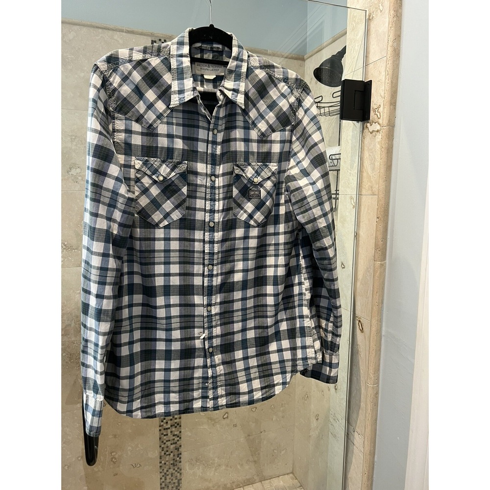 Denim & Supply Ralph Lauren Womens Plaid Western Snap Button Shirt Large Blue